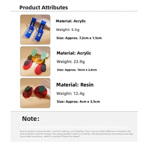 Detail showing acrylic drop earrings specifications with dimensions and weights