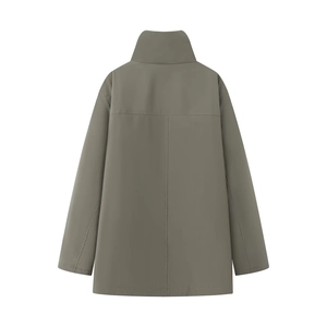 Giacca parka patchwork in pile verde oliva da donna, stile lungo, vista posteriore