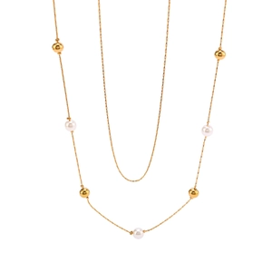 Double-layered 18K gold plated necklace with white pearls and polished metal beads