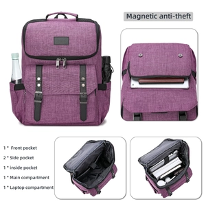 Detail of purple Oxford backpack showing magnetic anti-theft flap and laptop compartment