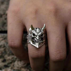 Two-tone silver and gold Hannya mask ring with vintage horn detailing for men and women