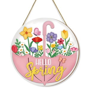 Hello Spring wooden door sign with floral pink umbrella design and hanging rope hanger