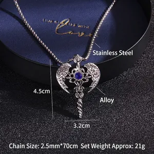 Men's punk angel wing cross pendant necklace with blue gemstone in a blue gift box