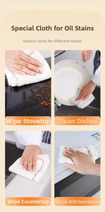 Thick cotton cleaning cloth set showing stove, pot, and countertop wiping scenes