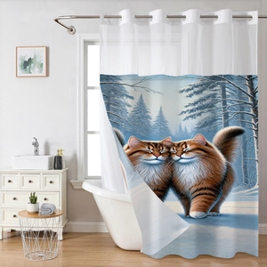 Detail of waterproof bath curtain featuring two cats in snow with metal grommets