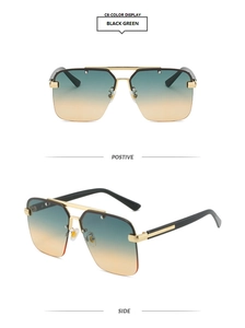 Detail view of semi-rimless sunglasses with black green gradient lenses and gold temples