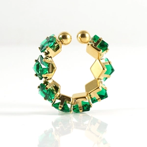 18K gold-plated adjustable ring featuring square emerald-green zircons in a minimalist style