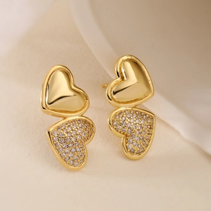 18K gold plated copper double heart stud earrings with sparkling cubic zirconia stones