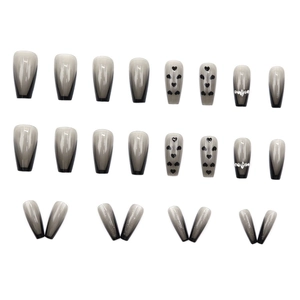 Long coffin press-on nails with black gradient, heart prints, and rhinestones, 24 pieces