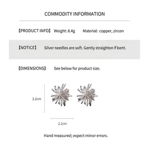 Detailed view of silver zircon flower stud earrings with 2.2cm size and 8.4g weight specs