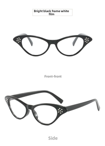 Detailed front and side views of black cat-eye glasses frames with rhinestone accents