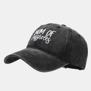 Vintage washed black cotton baseball cap with Mom of Sassholes embroidery, 45-degree angle