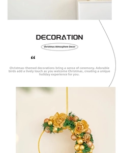 Detail of Christmas hoop wreath with gold roses, pine cones and festive ornaments