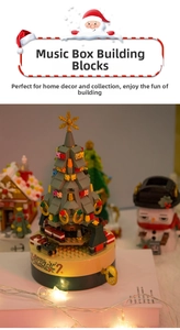 Macro detail of Christmas tree building block music box with golden snowflake and LED lights