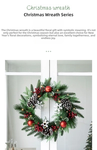 Detail of 40cm Christmas wreath with LED lights, red ornaments and pine cones on white door