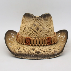 Chapeau de cowboy en paille tressée avec bordure dégradée et bandeau en perles de bois