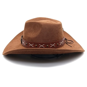 Close-up of brown suede western cowboy hat with leather band and metal stud details