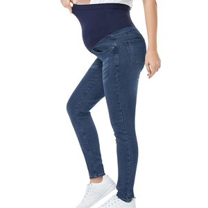 Slim fit high waist maternity jeans in dark blue denim with elastic belly support band