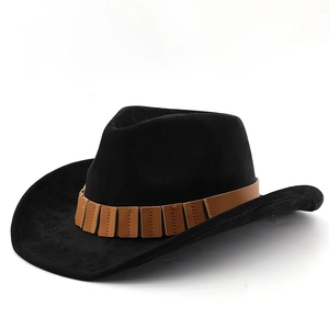 Klassischer schwarzer Wildleder-Cowboyhut mit braunem Lederband und dekorativen Nieten