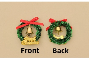 Detailed front and back view of miniature dollhouse Christmas wreath with golden bell