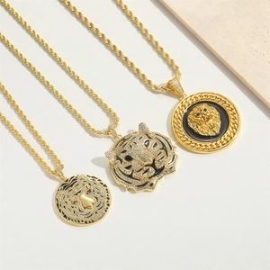 Exaggerated lion and tiger head gold chain necklaces with sparkling rhinestones
