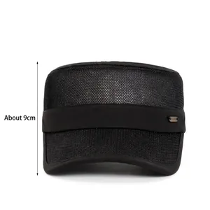 Breathable black mesh flat top military cap with 9cm deep crown and metal detail