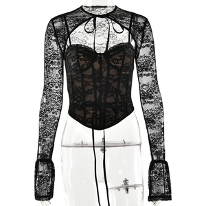 Sexy black lace long sleeve crop top with tie-up front and slim fit for women