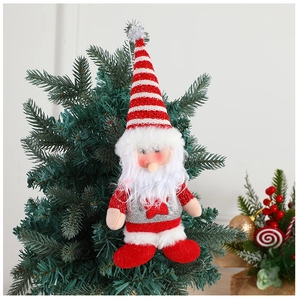 Detail of Christmas plush doll with red white stripes and silver sequins on tree