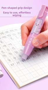 Close-up of a retractable pen-style eraser with a cute purple bear and non-slip grip