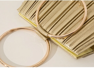 Detailed close-up of golden pleated evening clutch bag with round metal handles