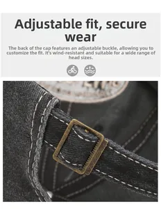 Macro view of adjustable bronze metal buckle and contrast stitching on vintage baseball cap