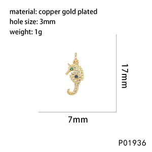 Detailed seahorse pendant in gold plated copper with micro paved cubic zirconia stones