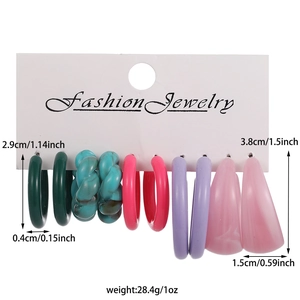 Lot de 6 paires de boucles d'oreilles créoles en résine acrylique colorée en C