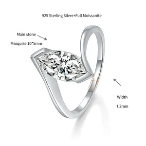 Detail of 10x5mm marquise moissanite ring set in 18k gold plated 925 silver band