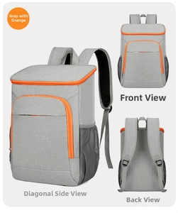 Detailed views of gray and orange leakproof insulated backpack showing multiple angles