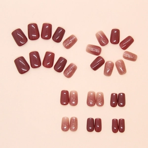 Detailed set of cherry red and glitter gradient short square press-on artificial nails