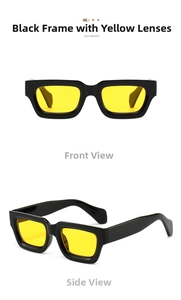 Detail view of vintage chunky square sunglasses with thick black frames and yellow lenses