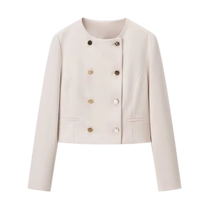 Elegante blazer corto beige con bottoni dorati doppiopetto e maniche lunghe