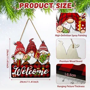 Christmas gnomes welcome door sign with red buffalo plaid pattern and wooden hanging rope