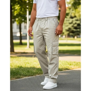 Men's stylish beige multi-pocket cargo pants in loose straight fit for outdoor casual wear