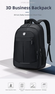 Macro detail of waterproof black business backpack showing thickened handle and zippers