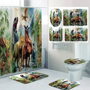 Waterproof polyester dinosaur shower curtain set with matching non-slip bath mats