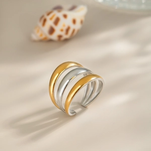 Minimalist Multi Layer Gold And Silver Tone Stainless Steel Ring Adjustable Geometric Chic Waterproof Modern Jewelry