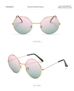 Retro round sunglasses with gold metal frame and pink green gradient lenses