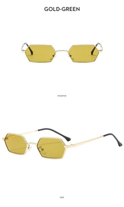 Macro detail of gold metal frame and green hexagonal lenses on vintage sunglasses