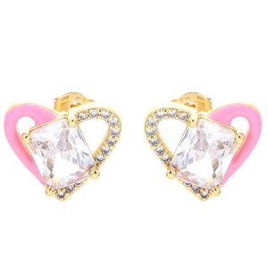 Detail of heart earrings with rectangular zircon, pink enamel edges and gold plating