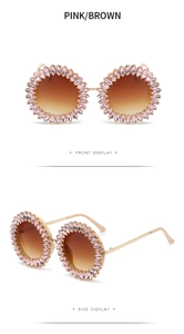Front and side views of pink rhinestone sunglasses with brown gradient lenses