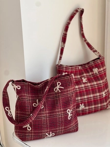 Sac À Épaule En Laine À Carreaux Rouge Avec Broderie Nœud Vintage Cabas Sous L'Aisselle Pour Femme Grande Capacité