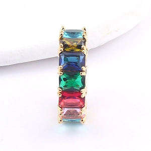 Rainbow gemstone ring with rectangular multi-color crystals on a gold plated band
