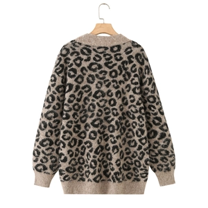 Cardigan en maille à col en V pour femme avec imprimé léopard et poignets côtelés